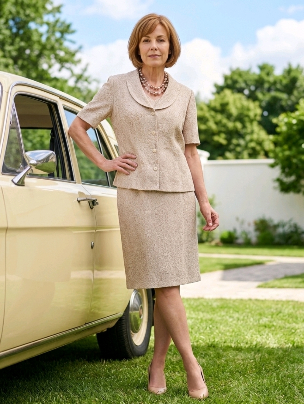 Bay Studio Champagne Dress And Jacket With and Champange Pink Bead Necklace